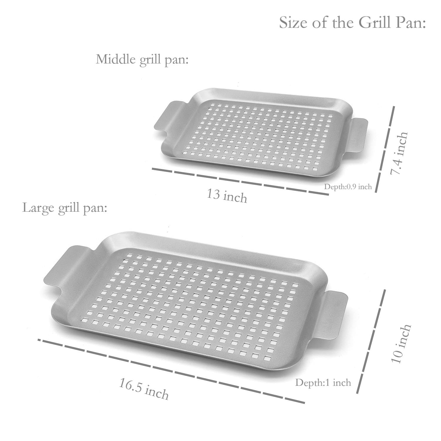 Bandeja antiadherente de acero inoxidable para barbacoa con agujeros, sartenes para asar al aire libre para carne y verduras, juego de 2 (16.5 x 10 pulgadas y 13 x 7.4 pulgadas)