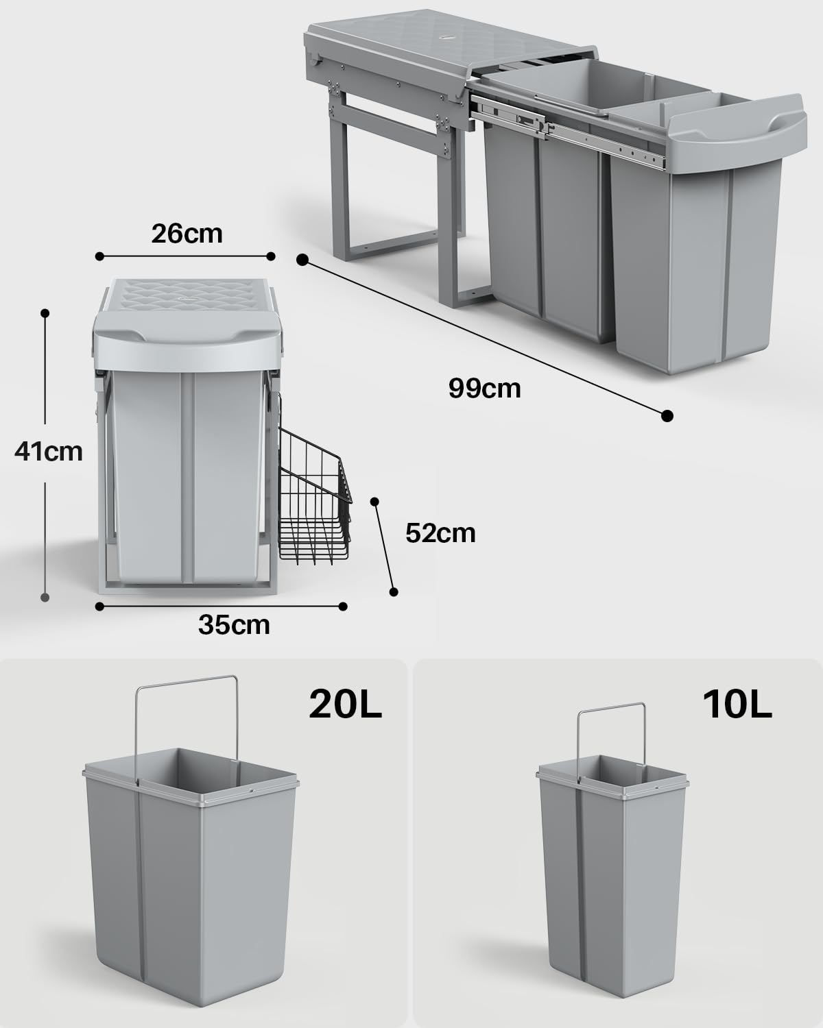 lovewind Abfallsammler Tandem 10L+20L, Mülltrennsystem Unterschrank mit kugelgelagerten Teleskopschienen, seitlichem Hängekorb, Vollauszug für Schränke ab 300mm Breite, Schiefergrau