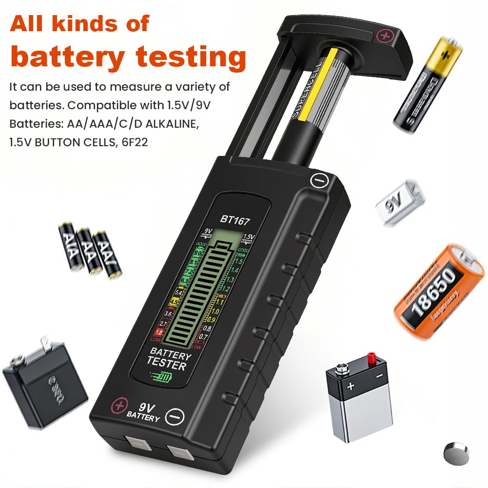 URAQT Tester Digitale per Batterie, Tester Batteria Universale, Display LCD di Facile Lettura, Semplice Universale per Batterie AA, AAA, C, D, 9V, 1.5V Pila a Bottone, Nessuna Batteria Necessaria