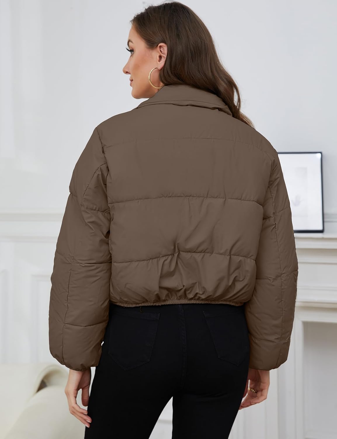 Yimoon Women's Cropped Puffer Jacket Quilted Lightweight Stand Collar Full Zip Short Down Jacket (Coffee-L)