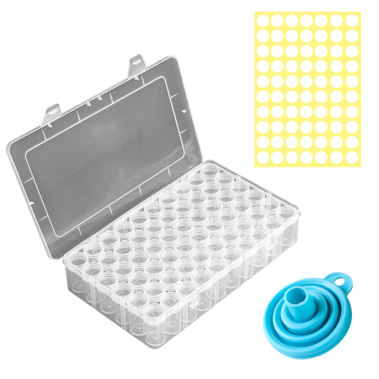 Kit Diamond Painting Organizer Contenitori per Pittura a Diamante da 60 Scomparti, Scatola Portaoggetti per Ricamo a Diamante con Etichette Adesive e Imbuti, per Perline, Strass
