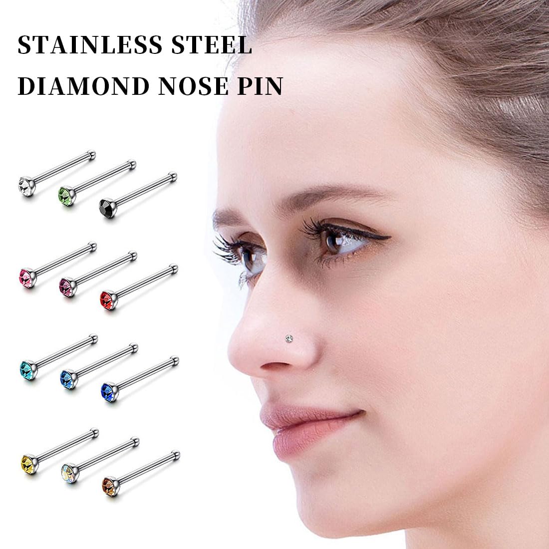 60 Piercing Naso Acciaio Inossidabile Con Cristalli - Set Multicolore Ipoallergenico - Foto 4