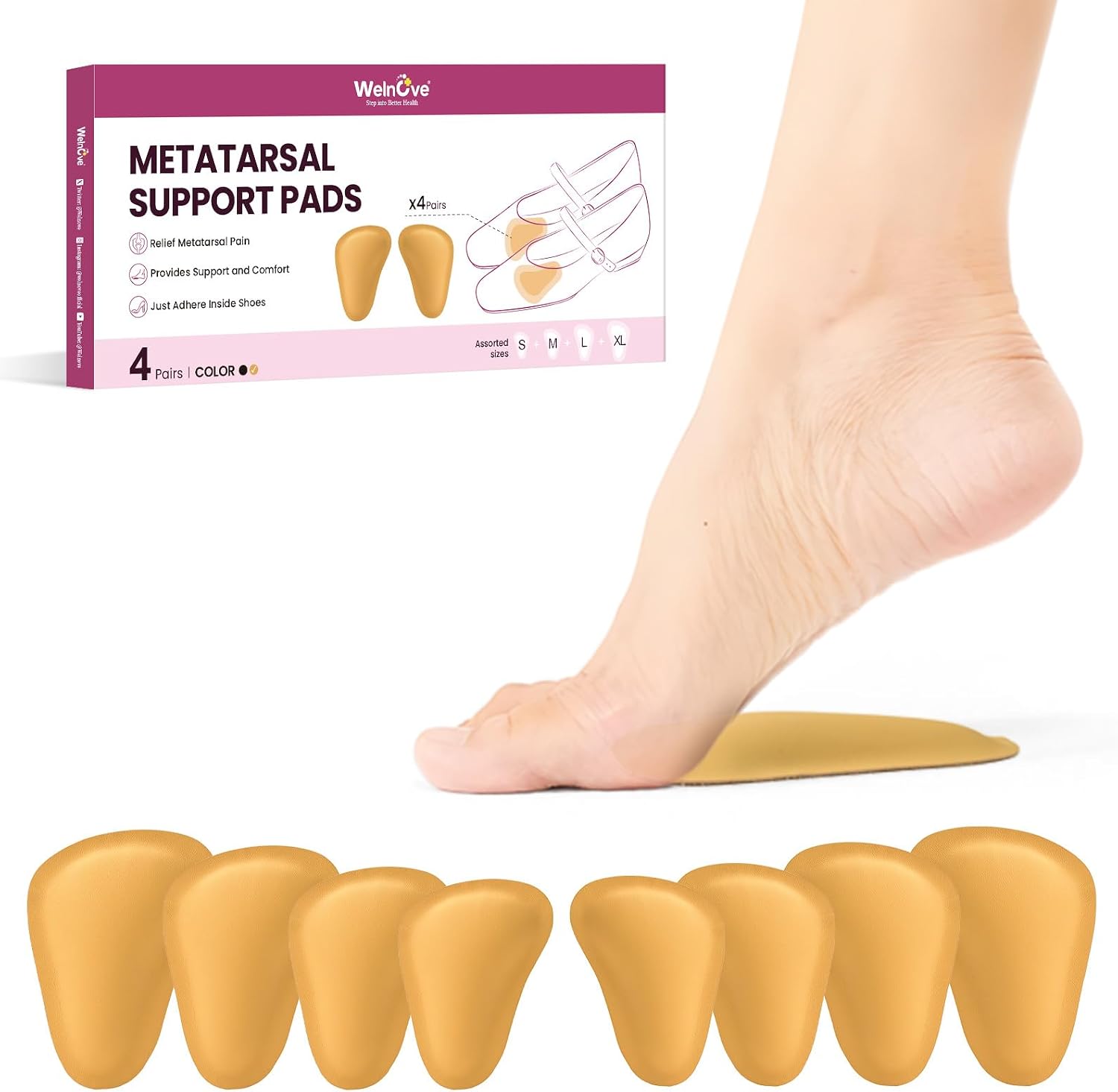 Welnove Metatarsal Pads for Women Men - 4 Pairs Leather Ball-of-Foot Cushions for Forefoot Support - Soft Ball of Foot Pads for Pain Relief, Metatarsalgia, Morton's Neuroma, Fit for High Heels, Shoes