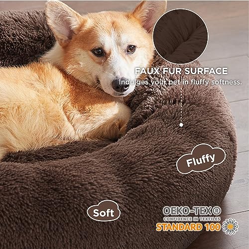 Image of Bedsure Calming Dog Bed for Medium Large Dogs - Donut Washable Large Pet Bed, 33 inches Anti-Slip Round Fluffy Plush Faux Fur Dog Bed, Coffee