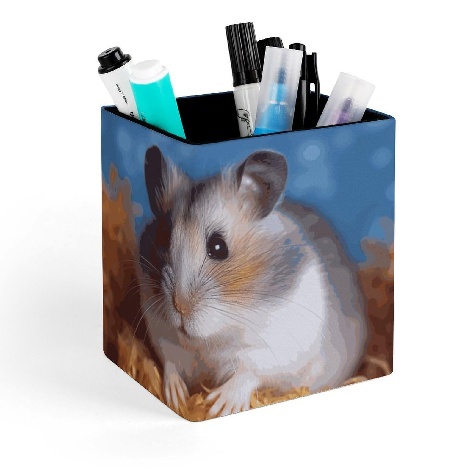 DWVTSLH Aesthetic Pen Holder for Desk - Modern Leather Pencil Holder - Stylish Square Makeup Brush Holder - Hamster Pen Cup Cute And Functional Desk Organizer for Office Supplies