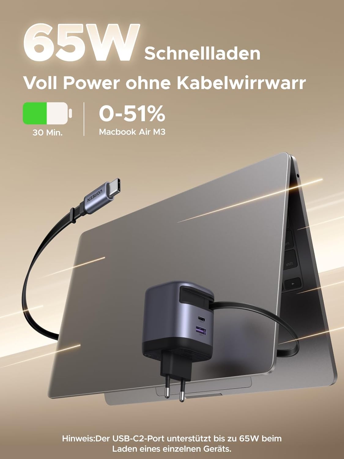 UGREEN 65W USB C Ladegerät: Schnelles & Kompaktes 3-Port Ladegerät für Reisen – Perfekt für MacBook, iPhone & Galaxy S-A Serie