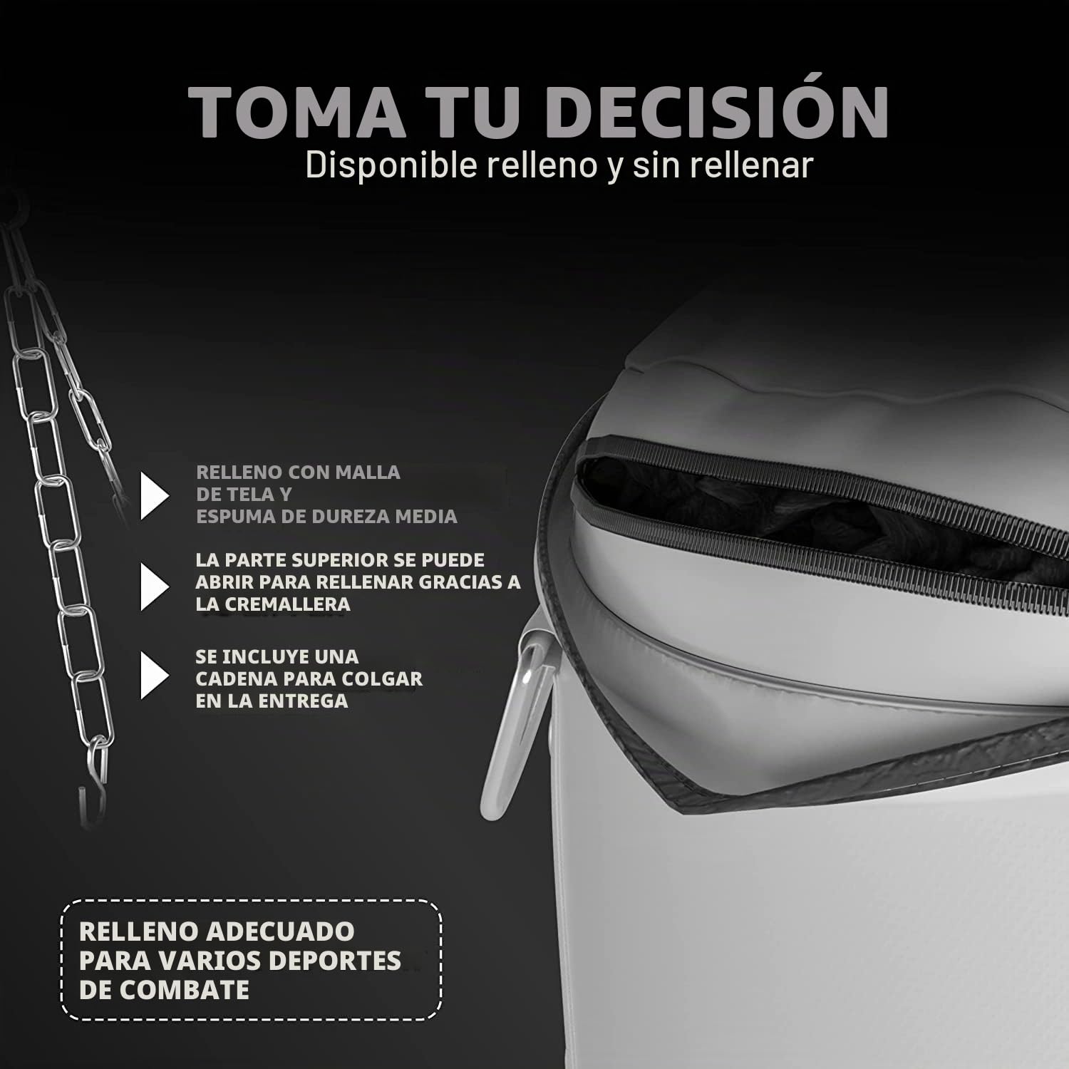 FIGHTR® Saco de boxeo relleno con cadena de acero de 4 puntos para boxeo, kickboxing, MMA, Muay Thai