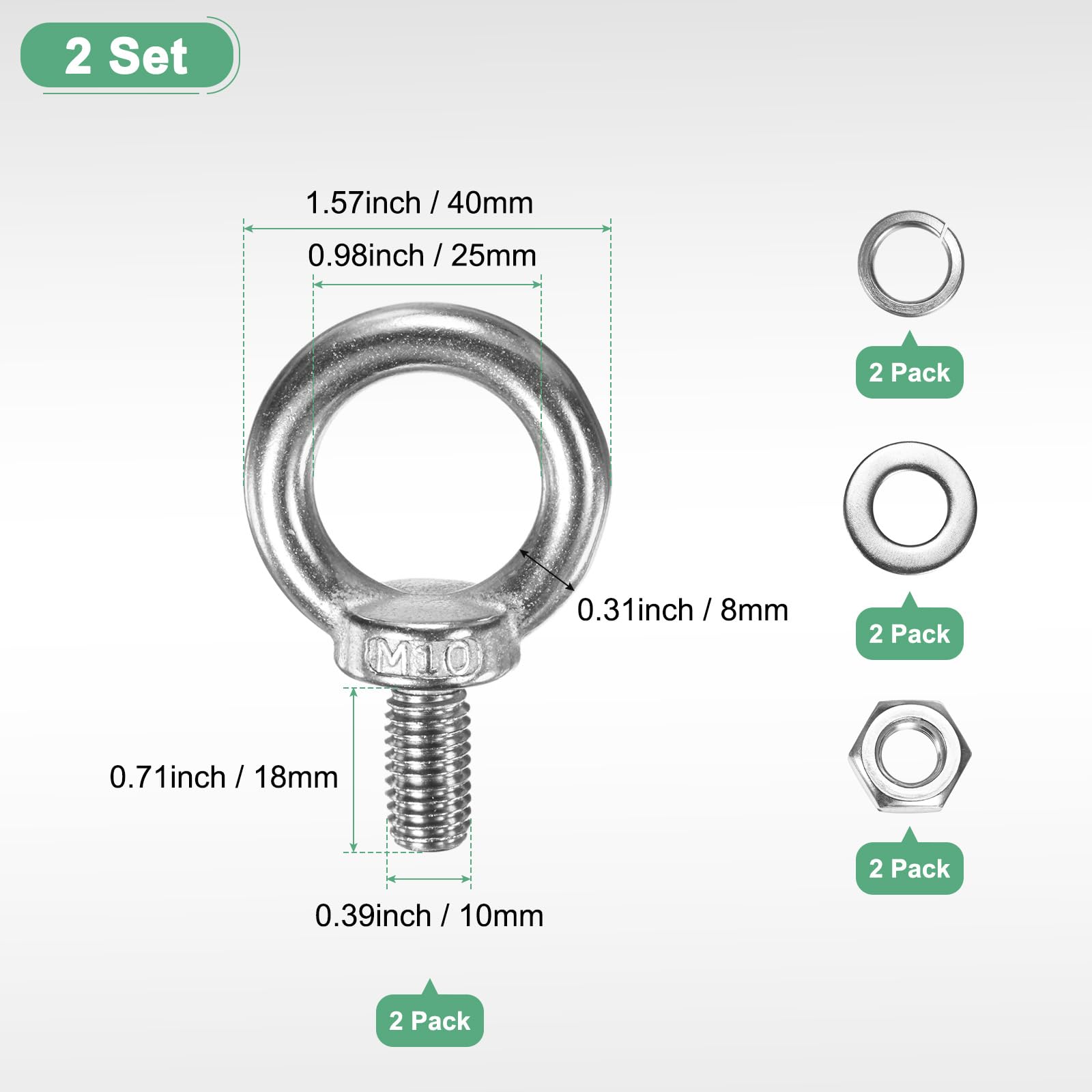 M METERXITY 2-Sets Stainless Eyebolt M10x18mm Shoulder Lifting Eye Bolt with Nuts Washers Male Screw Thread Ring Shoulder Eye Bolts Length 0.71 Inch for Suspending/Fastening - Image 3