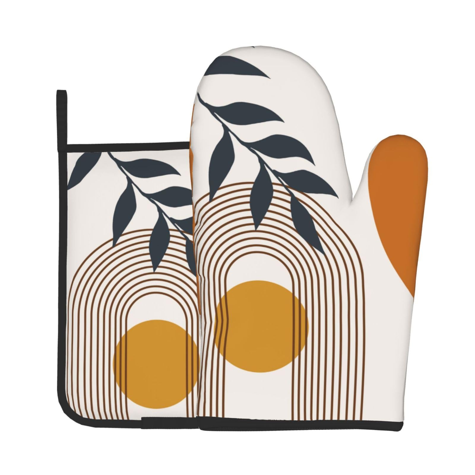Boho Leaf Oven Mitts and Pot Holders Sets - Bohemian Botanical Kitchen Mitts Potholders 2 Pack Heat Resistant Farmhouse Bohemian Oven Gloves Hot Pads for Kitchen Baking Grilling Party