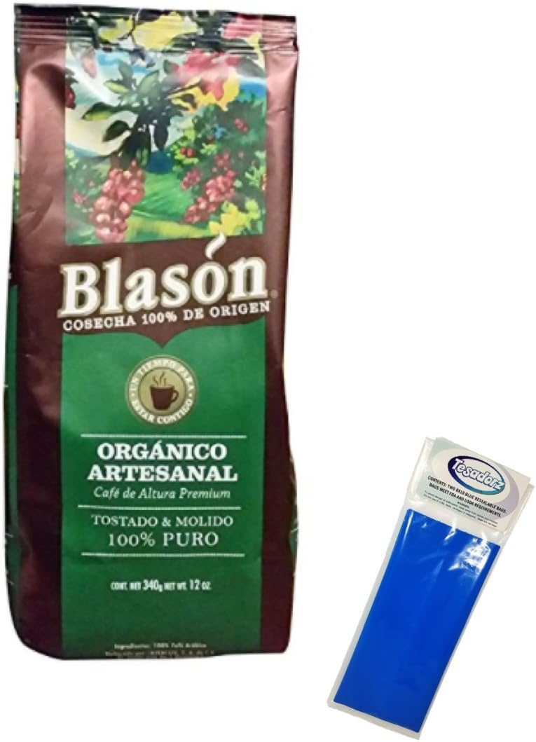 Mexican Blason Organico Artesanal Ground Coffee 12 Ounces and Tesadorz Resealable Bags
