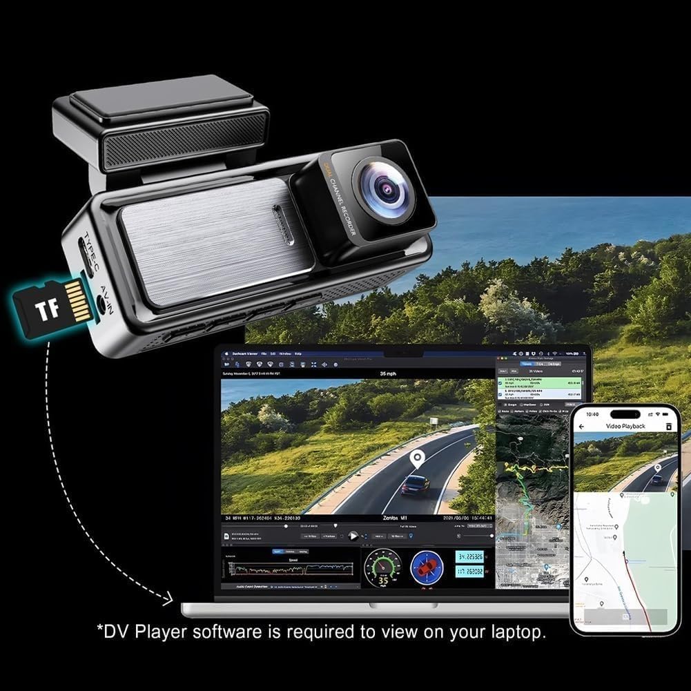 Osmo Dashcam Pro, Dashcam Wireless Per Auto, Anteriore E Posteriore Con Scheda Da 64 GB E Controllo Wi-Fi/app, Telecamera Per La Retromarcia, Registrazione In Loop, Monitoraggio
