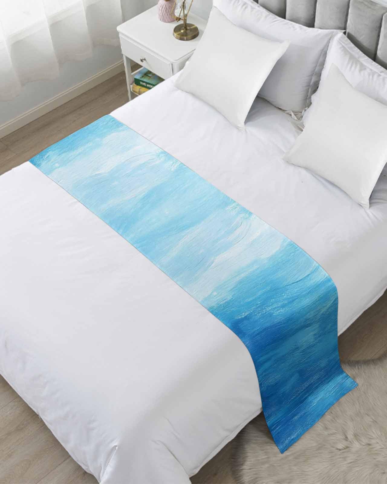 DecorLovee Blue Summer Ocean Bed Runners for Queen Size Bed, Decorative Bed Throws for Foot of Bed, Modern Abstract Coastal Wave Bed Runner Sofa Throw Bedding Scarf Protector Slipcover for Bedroom
