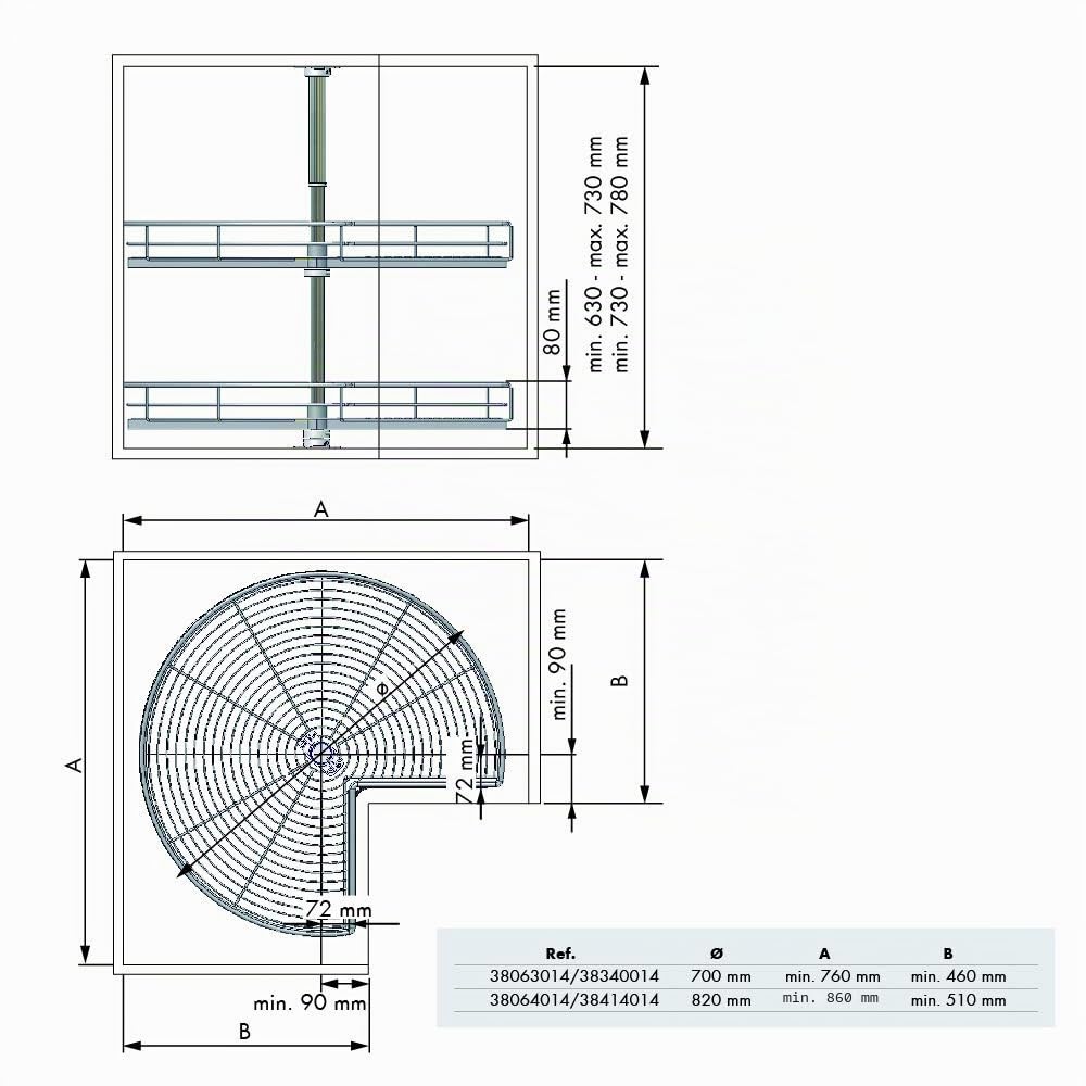 Menage Confort ROTARY 270º Tablett für Kücheneckschrank, Metall, Chromstahl, Durchmesser 700 mm/Höhe 730-780 mm