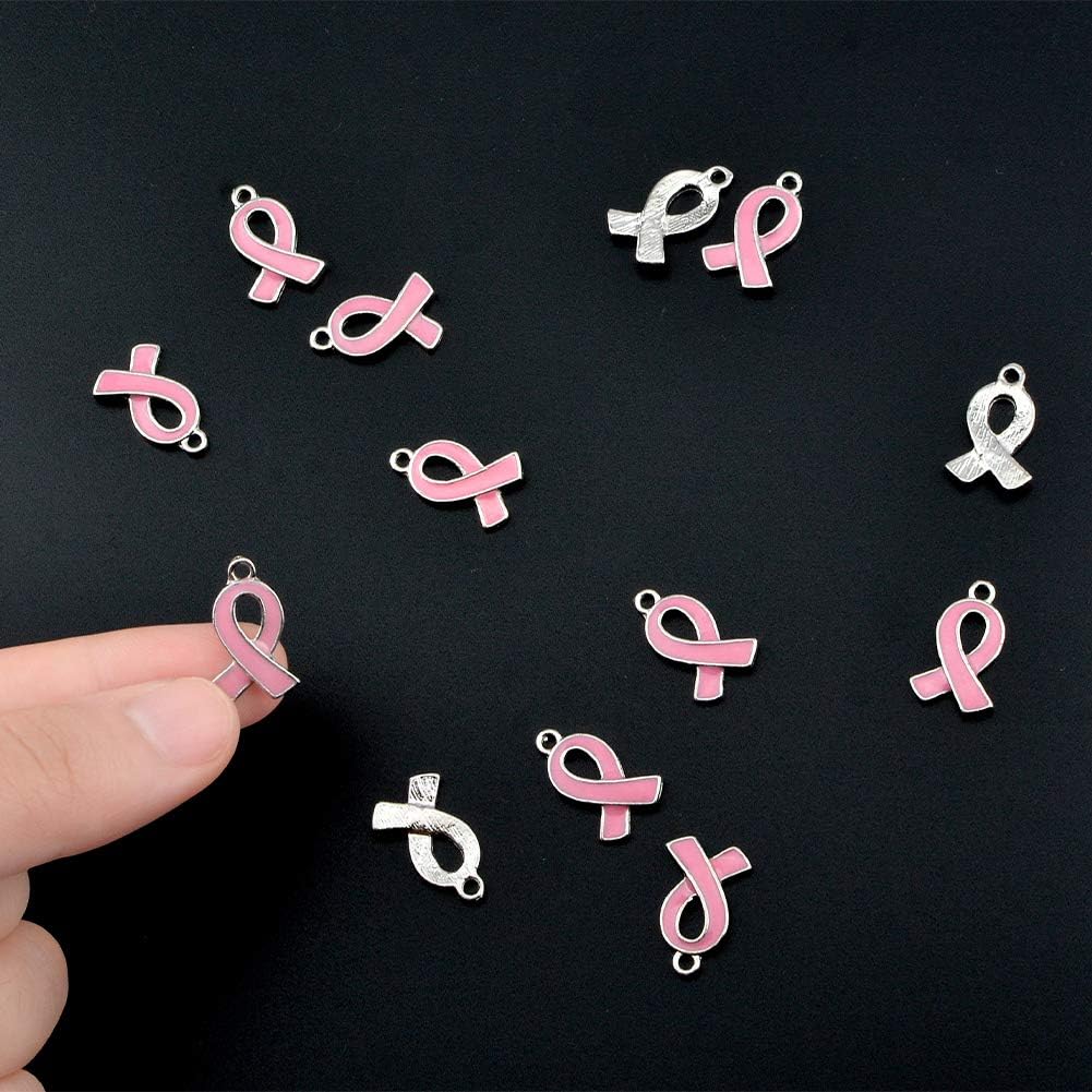 WANDIC 20 Pcs Pink Ribbon Pendants Breast Cancer Awareness Alloy Cancer Free Ribbon Charms for Jewelry Making (Pink, 20) - Image 4