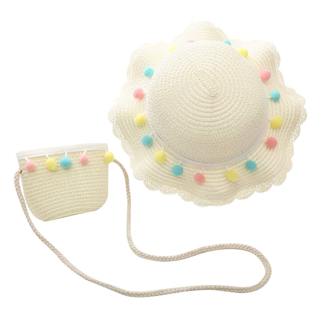 Asudaro Conjunto De Sombrero y Bandolera De Sol De Playa para Bebé, Conjunto De Sombrero y Bolso De Paja con Volantes De Bola De Color Ancho para Niñas