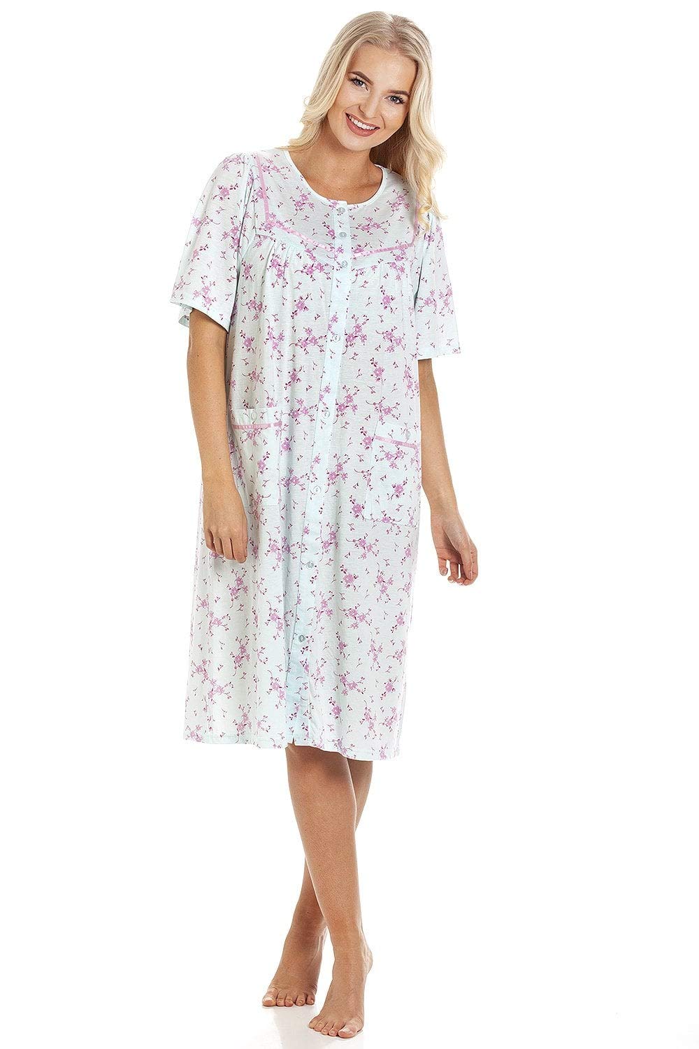 Camille Women's Aqua Short Sleeve Button Up Floral Nightdress