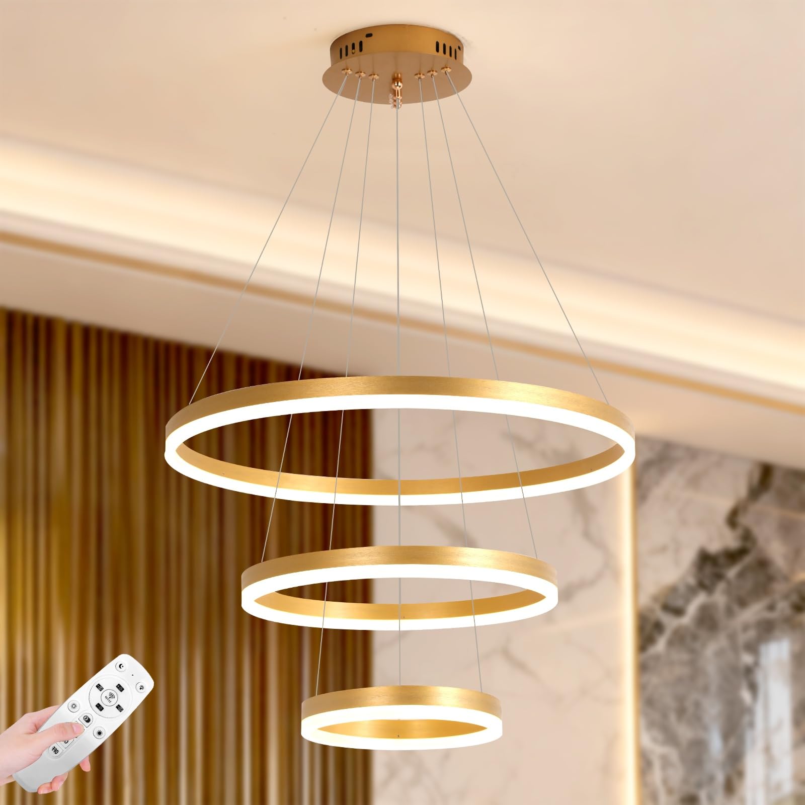 YATAI Modern Adjustable Height LED Chandelier with Remote Control Gold Round Dining/Living Room Lighting Fixture - 71W, 15-20 ㎡ Coverage, Three-Color Dimming LED Chandelier for Bedroom,Living room