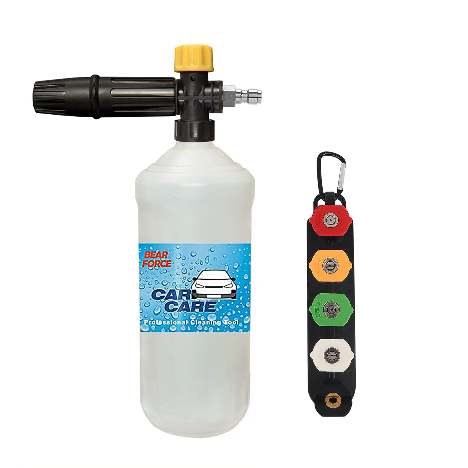 BEARFORCE Pressure Washer DIY Foam Cannon & 5 Spray Tips & Clip Nozzle Holder, Power Washer Adjustable Snow Foam Lance 1L Bottle, Snow Foam Car Wash Soap Gun, 1.1 &1.25mm Orifice Nozzle Foam Gun