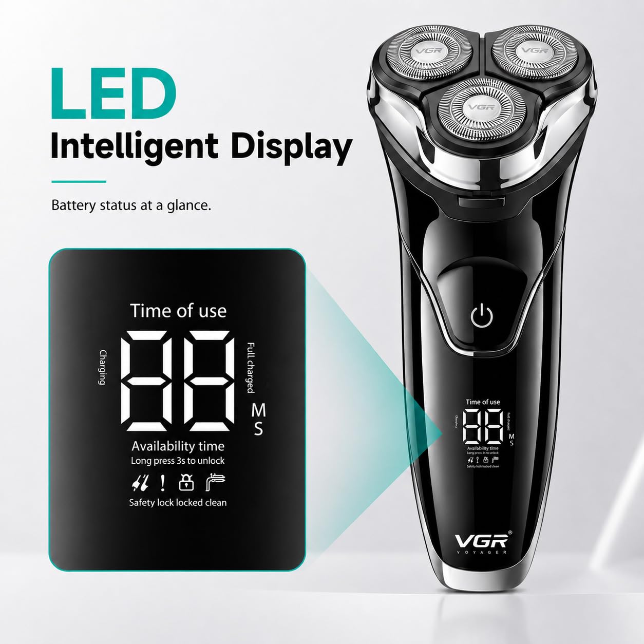 VGR 318 Rasoio Elettrico Senza Fili per Uomo, Testina 3D Girevole, Rifinitore Integrato Estraibile, Impermeabile IPX6, Blocco Anti-Viaggio, Display Digitale LED
