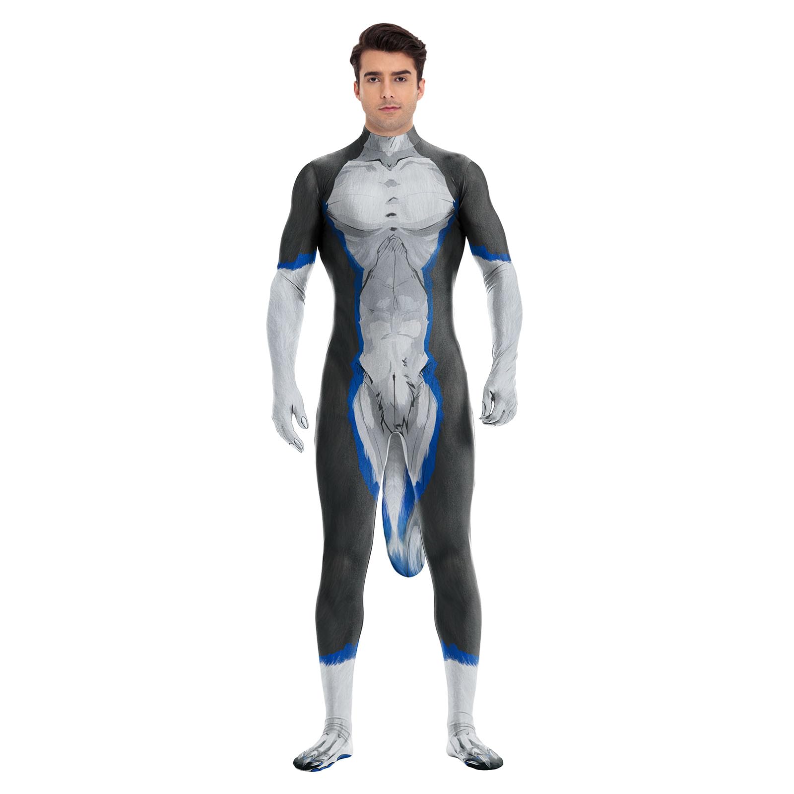 Animal Full Bodysuit for Men Muscle Spandex Jumpsuit Furry Costume with Big Tail for Adult Cosplay Halloween Party