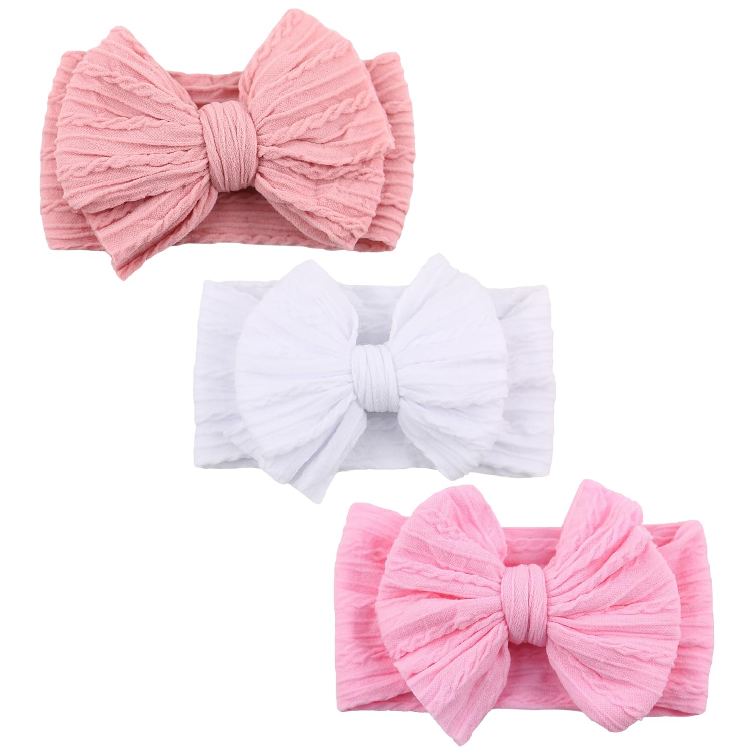 3 Stück Baby Stirnband, Weiche Baby Schleifen-Stirnbänder für Mädchen, Neugeborenen Haar-Accessoires (dunkelrosa, weiß, mittelrosa)