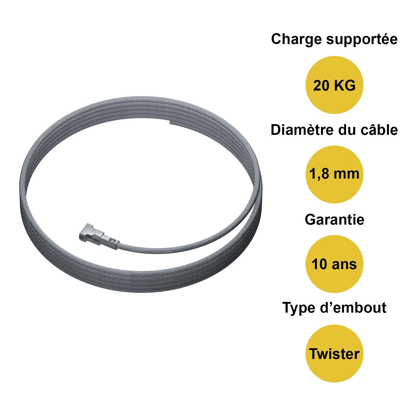 Arti Teq - Câble Acier 500 cm avec Embout Twister - Suspension Ultra-Sécurisée pour Cadres, Enseignes et Signalétique - Argent