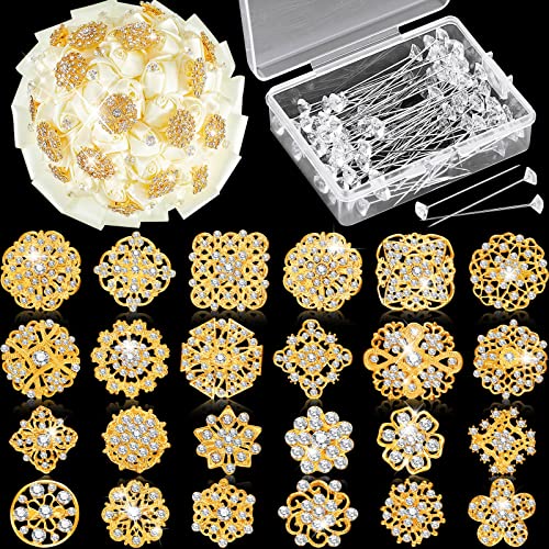 124 Pcs Bouquet Pins Flower Brooch Rhinestone Diamond Brooches Crystal Corsage Boutonniere Stick Pins Embellishments for Crafting Wedding Decor Supplies(Gold)
