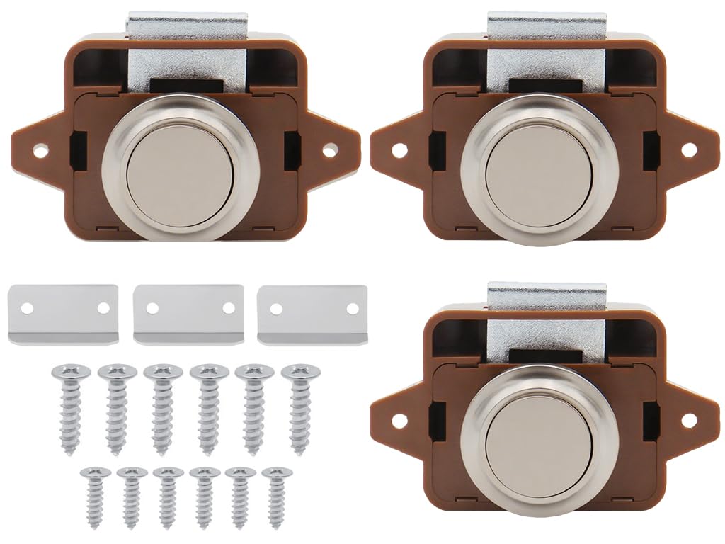 Hitopin 3PCS Push Lock Button Catch, Push Button Latch Cabinet, Push Button Latch Catch, Caravan Cabinet Latch Knob, Keyless Door Lock Catch for RV Caravan Motorhome Camper (Brown)