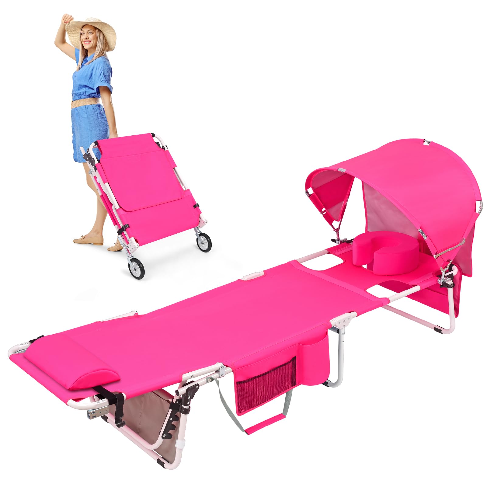 Wheel-To-Go Tanning Chair with Wheels Sun Canopy Umbrella Face Hole Thicker Washable Adjustable, Heavy Duty Folding Sun Lounge Chair Beach Outside Sunbathing Reading, UPF 50+, Pink (Patent Design)