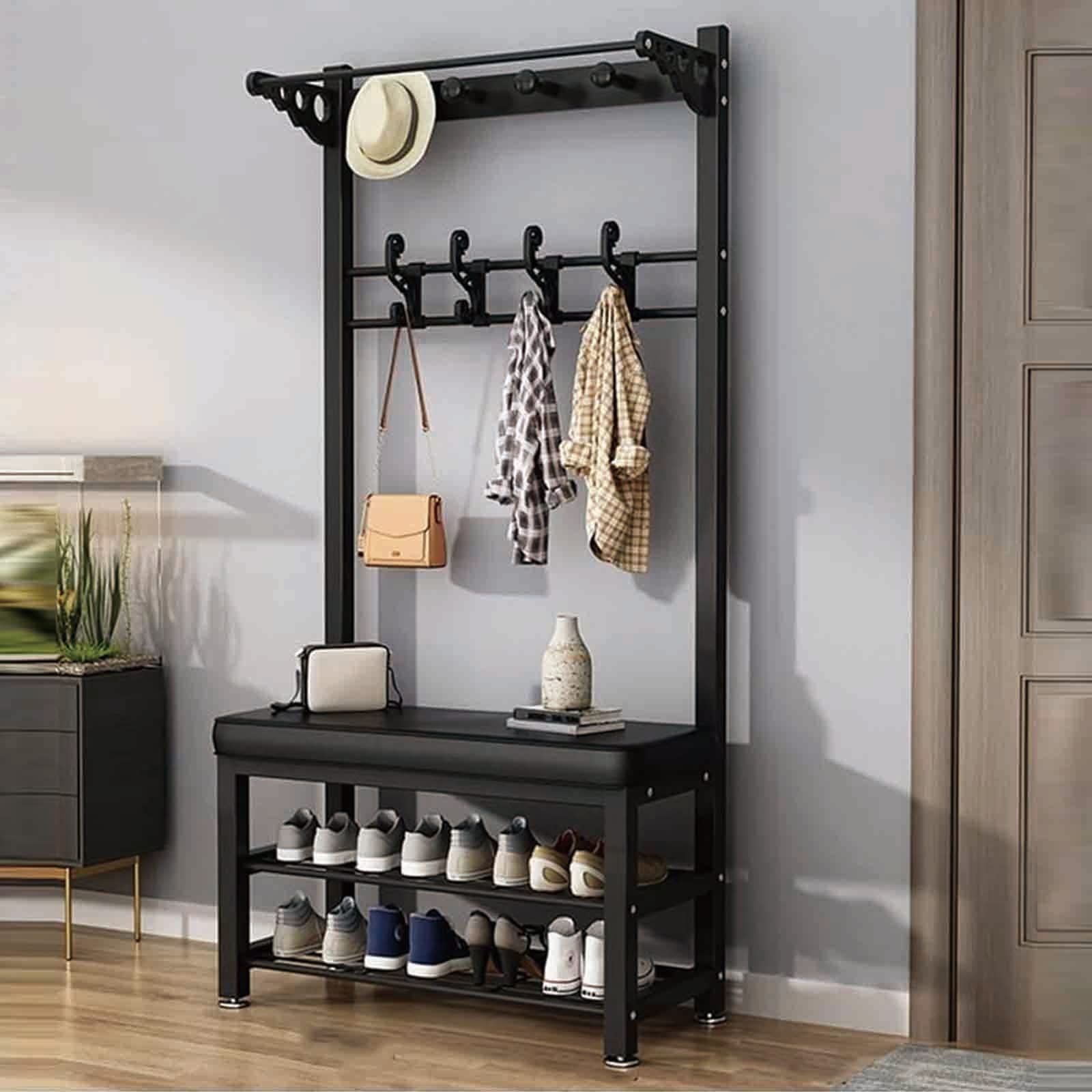 Porte-manteau entrée 3 en 1 meuble étagère à chaussures et organiseur de chambre en métal