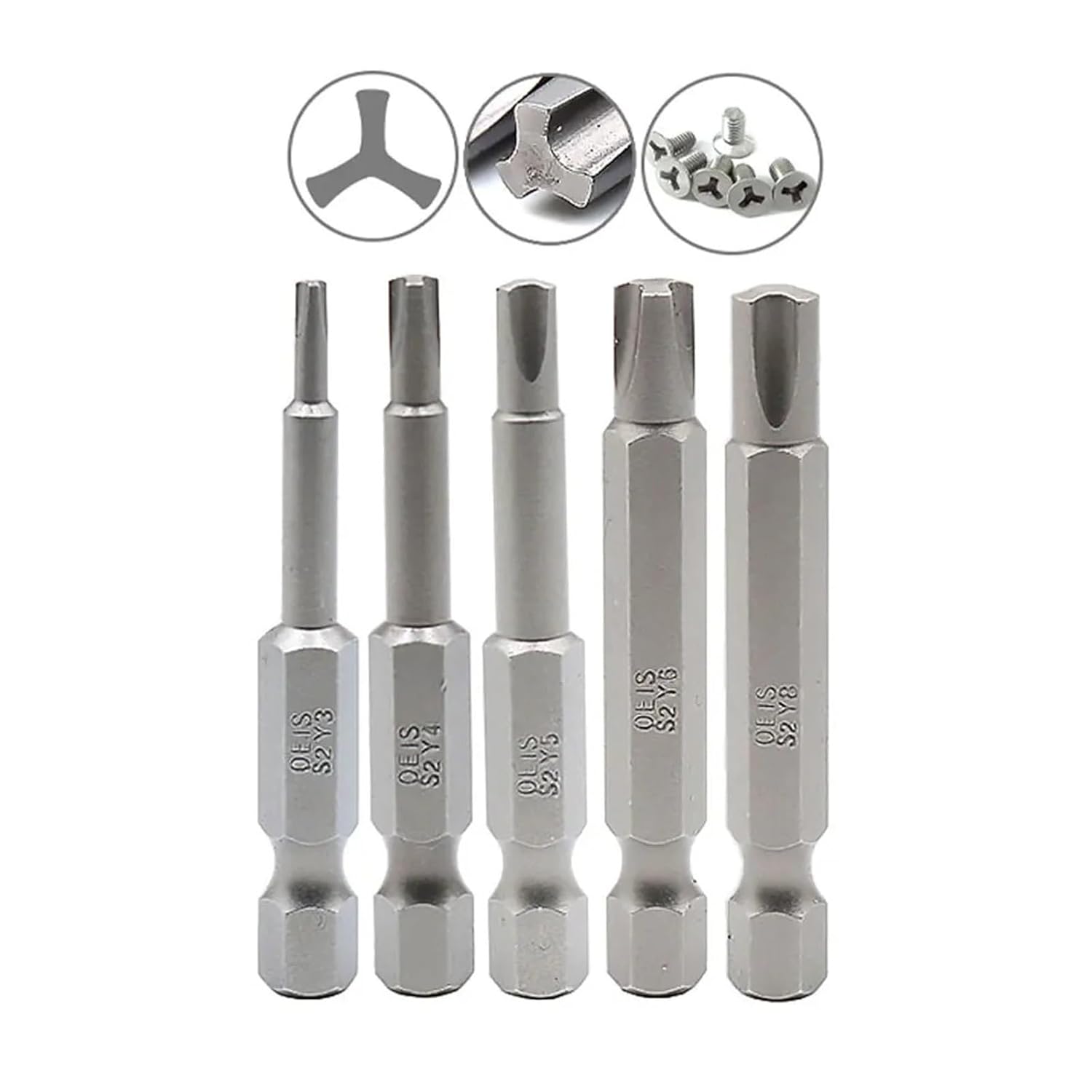 50mm Y-Style Magnetic Screwdriver Bits S2 Alloy Steel 1/4 Inch Hex Shank Y3 Y4 Y5 Y6 Y8 5/10Pcs(Silver)