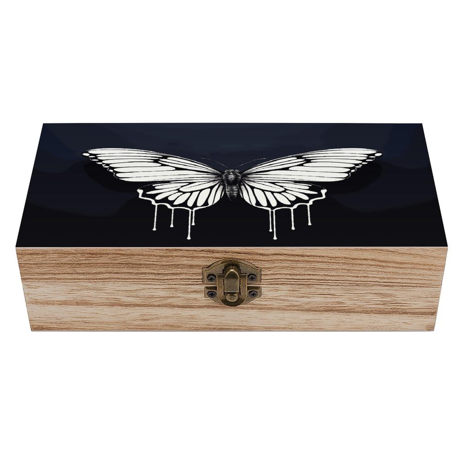 Btcowzrv Style A Black And White Butterfly Wooden Storage Box, Keepsake Box With Hinged And Retro Lock, Wood Jewelry Organizer For Photos & Mementos And Home Decor