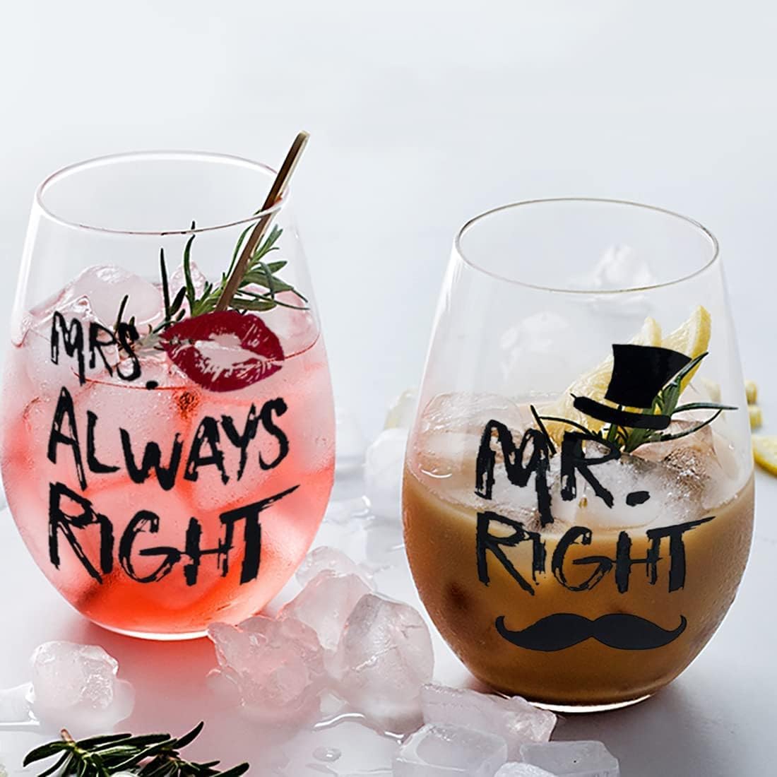Mr Right Bicchieri da coppia di vino 14 once Calice da vino in cristallo senza stelo Set di tazze, Tazza da matrimonio per gli sposi per coppia Anniversario, Fidanzamento, Natale San Valentino
