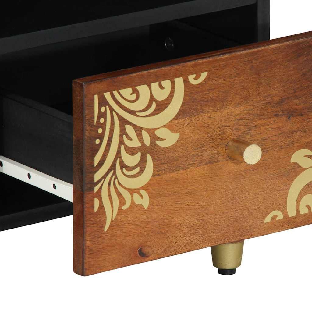 Mobile TV marrone miele in legno massello di mango 100 x 33 x 46 cm con cassetto, vano portaoggetti e bottoni in ottone per soggiorno home cinema e dispositivi multimediali