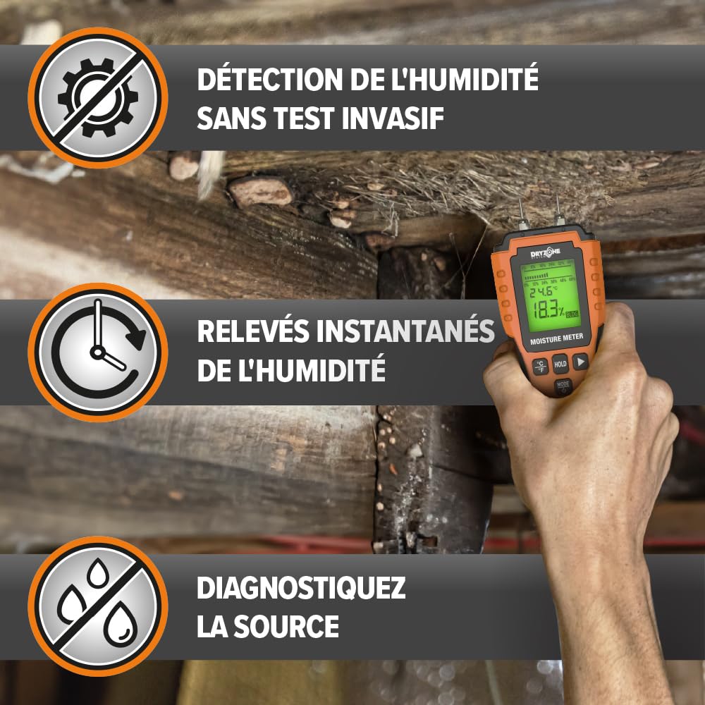 Dryzone Testeur d'Humidité - Détecteur d'Humidité à Broche et Écran LCD - pour Murs, Bois et autres Matériaux de Construction - Facile à Utiliser