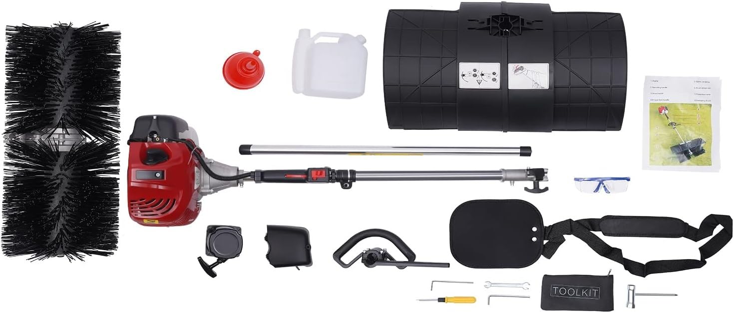 Zamiatarka pchana z silnikiem dwusuwowym benzynowym o pojemności 52 cm3 i osłoną ochronną, o mocy 1700 W i mocy 2,3 KM, do czyszczenia trawników, opadłych liści, sztucznej trawy i żwiru.