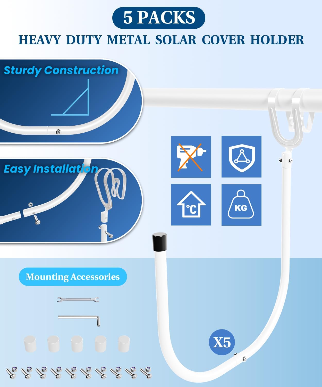 5PCS Pool Solar Cover Holder for Above Ground Pool, Adjustable Pool Cover Hooks for Solar Cover Blanket Storage, Sturdy Metal Solar Cover Holders Designed for Round Frame Above Ground Pools