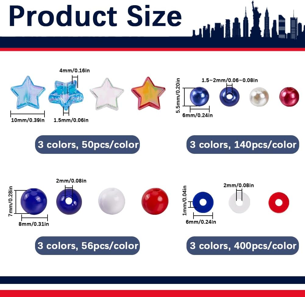 1 Box 1900Pcs+ Independence Day Beads 4th of July Beads Blue Red White Round Plastic Acrylic Peal Star Polymer Clay Patriotic Beads for Jewelry Making Necklaces Earrings Festive Decorations