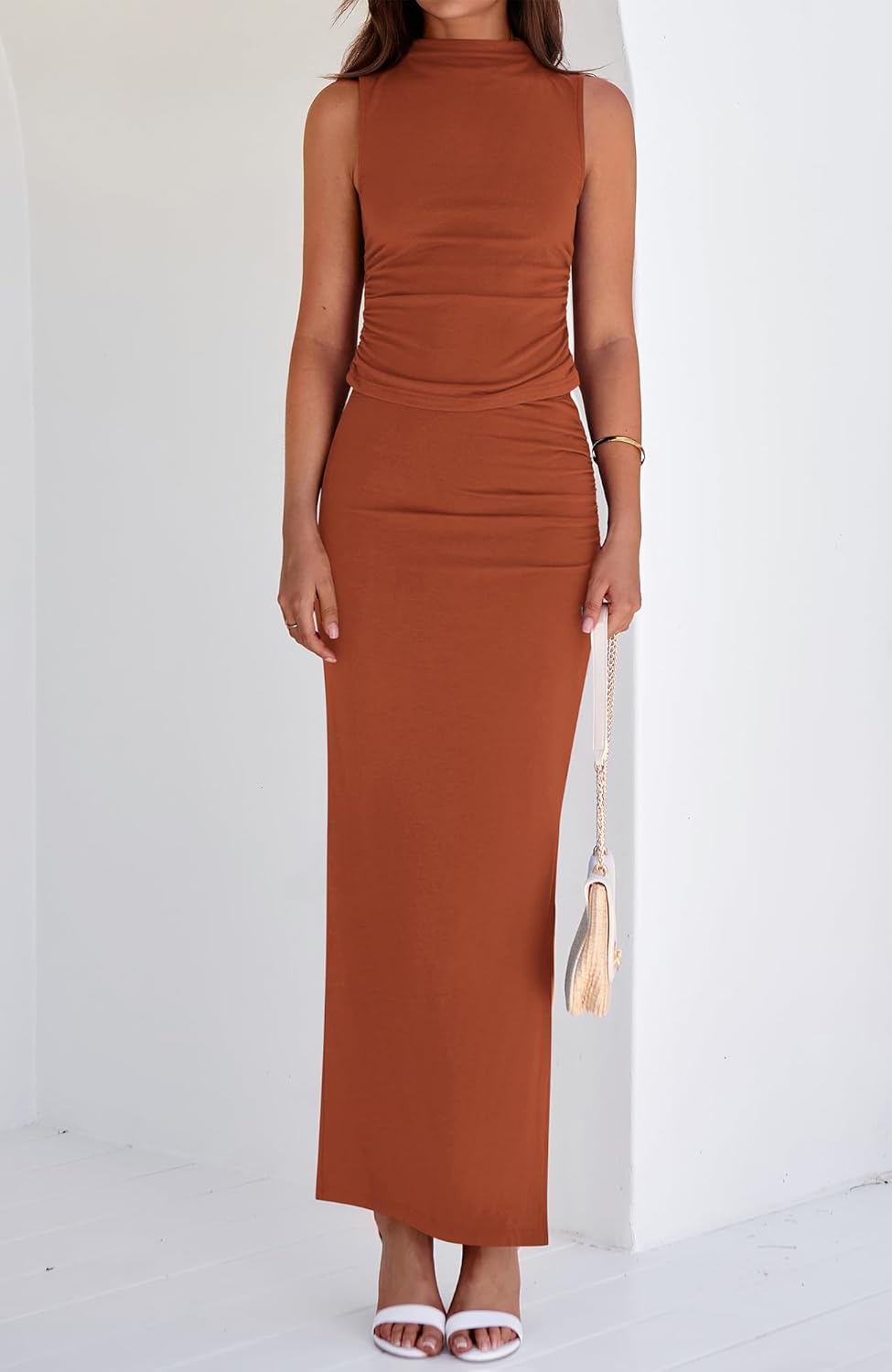 BTFBM Womens Two Piece Outfits Summer Lightweight 2026 Mock Neck Sleeveless Knit Tops Maxi Skirt Set Going Out Dress - Image 8