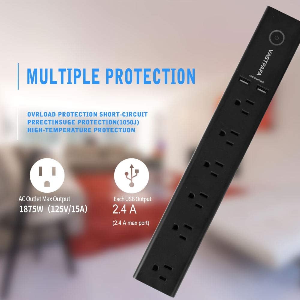 VASTFAFA 6-Outlet Surge Protector Power Strip with 2 Fast Charging USB Port,Desktop Charging Station 8 ft Extension Cord for Cruise Ship, Dorm Room Multi Plug Extender (Black)