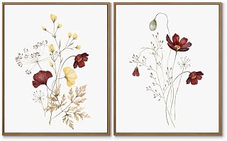 Watercolor Botanical Wall Art Burgundy and Yellow Flower Art Prints 11"x14"