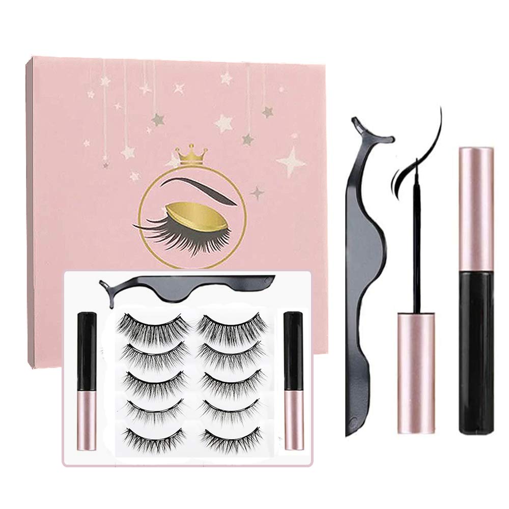 Sunwuun Magnetic Eyelashes, Magnetic False Eyelashes with 2 Magnetic Eyeliner, Eyelashes and Eyeliner Set With Natural Look, Reusable and Easy to Apply (5 Pairs)