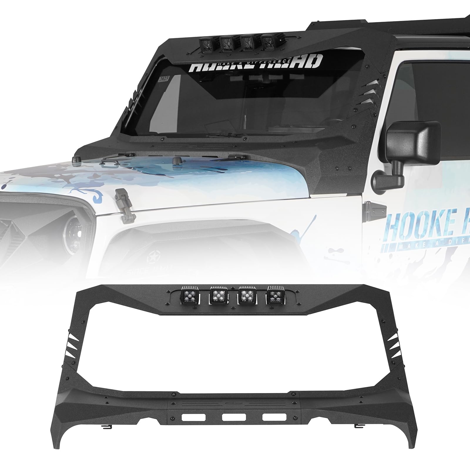 Hooke Road マッドマックス フロントガラスフレームカバー ルーフサンバイザー カウルボディアーマー 2007-2018 Jeep Wrangler JK & Unlimited用 LEDライトポッド4個付き