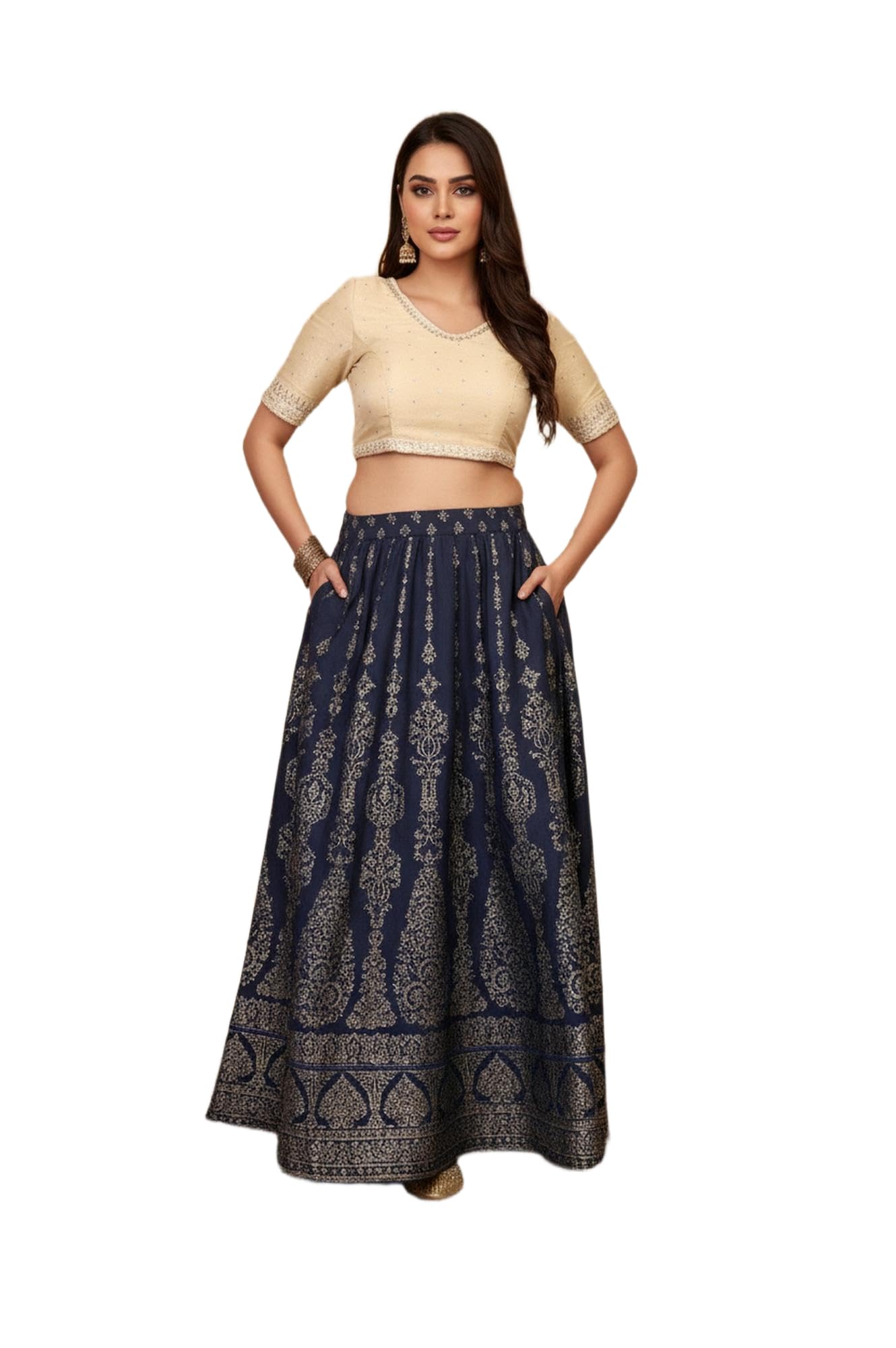 aurelia Women's Ethnic Gold Print Flared American Crepe Skirt-picture-11