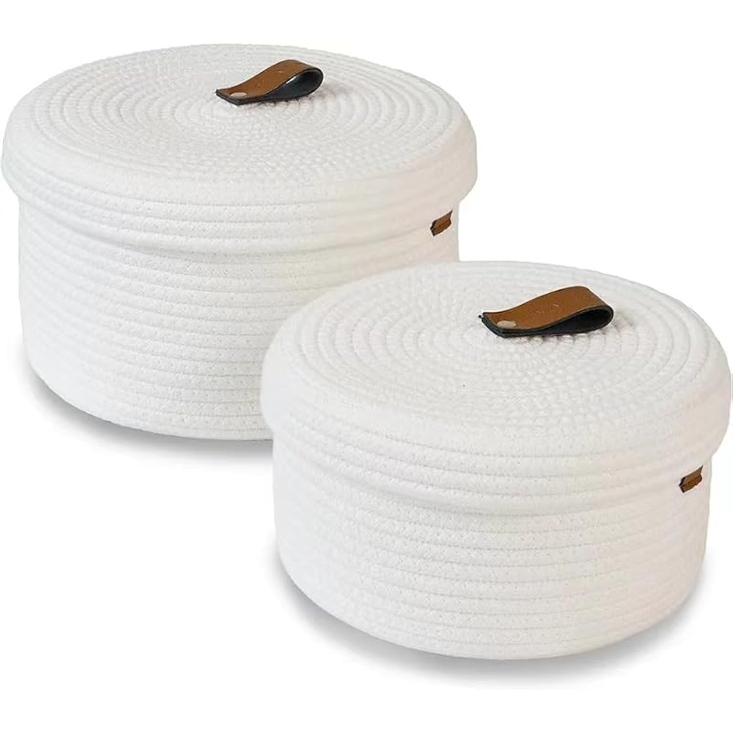 2 PCS Round Cotton Rope Storage Basket with Lid, Decorative Woven Storage Containers Washable Organizer Box Container for Snacks, Towels, Plants, Leather Handle Design (White)