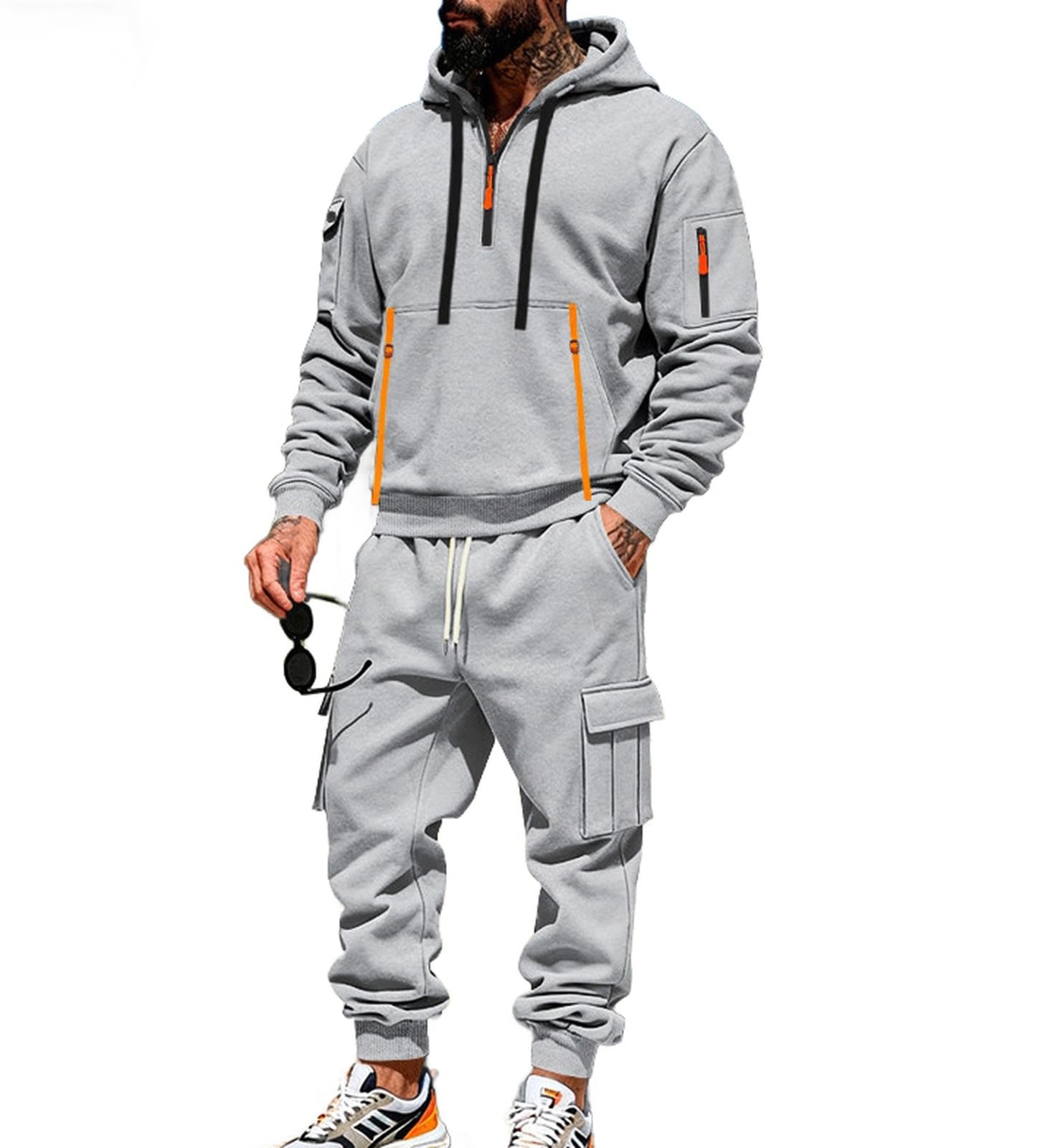 Genérico Conjunto Deportivo Cargo para Hombre Sudadera con Capucha y Pantalones Casuales con Cremallera de un Cuarto y Forro Polar
