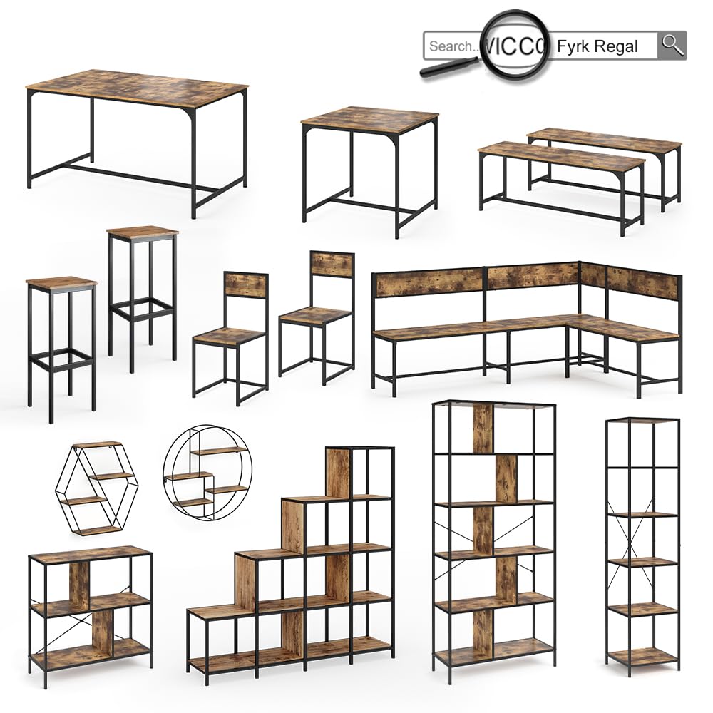 Vicco Set de Table de Bar Fyrk, Bois Antique, 120x50cm avec étagères et 2 tabourets de Bar, Convient aux comptoirs et Plans de Cuisine, empilable pour Le Rangement