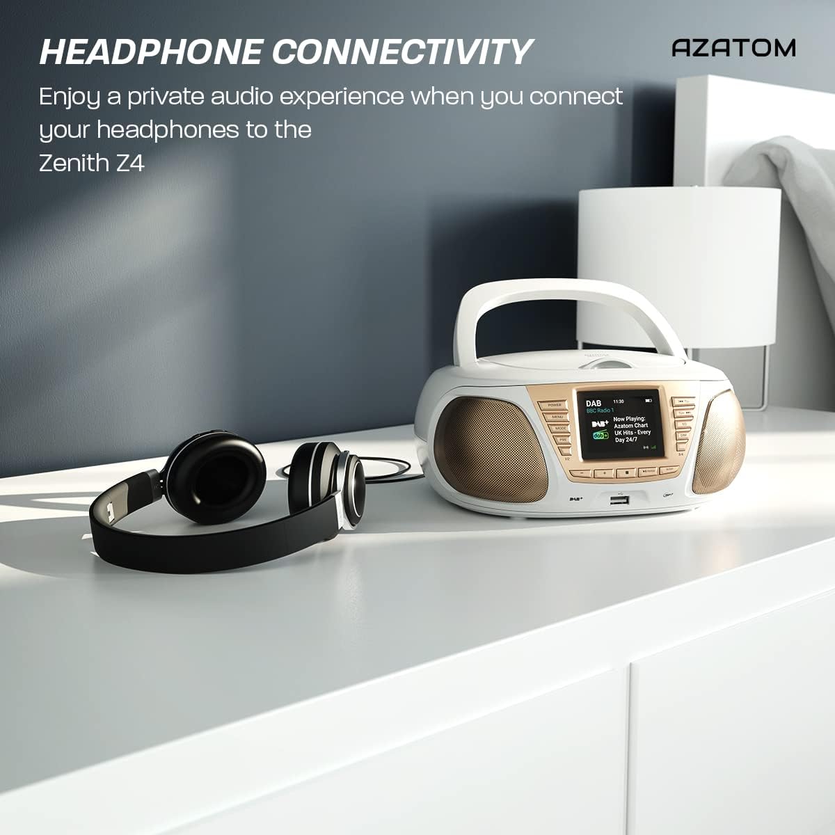 AZATOM Zenith Z4 with a pair of black headphones connected to its front jack.