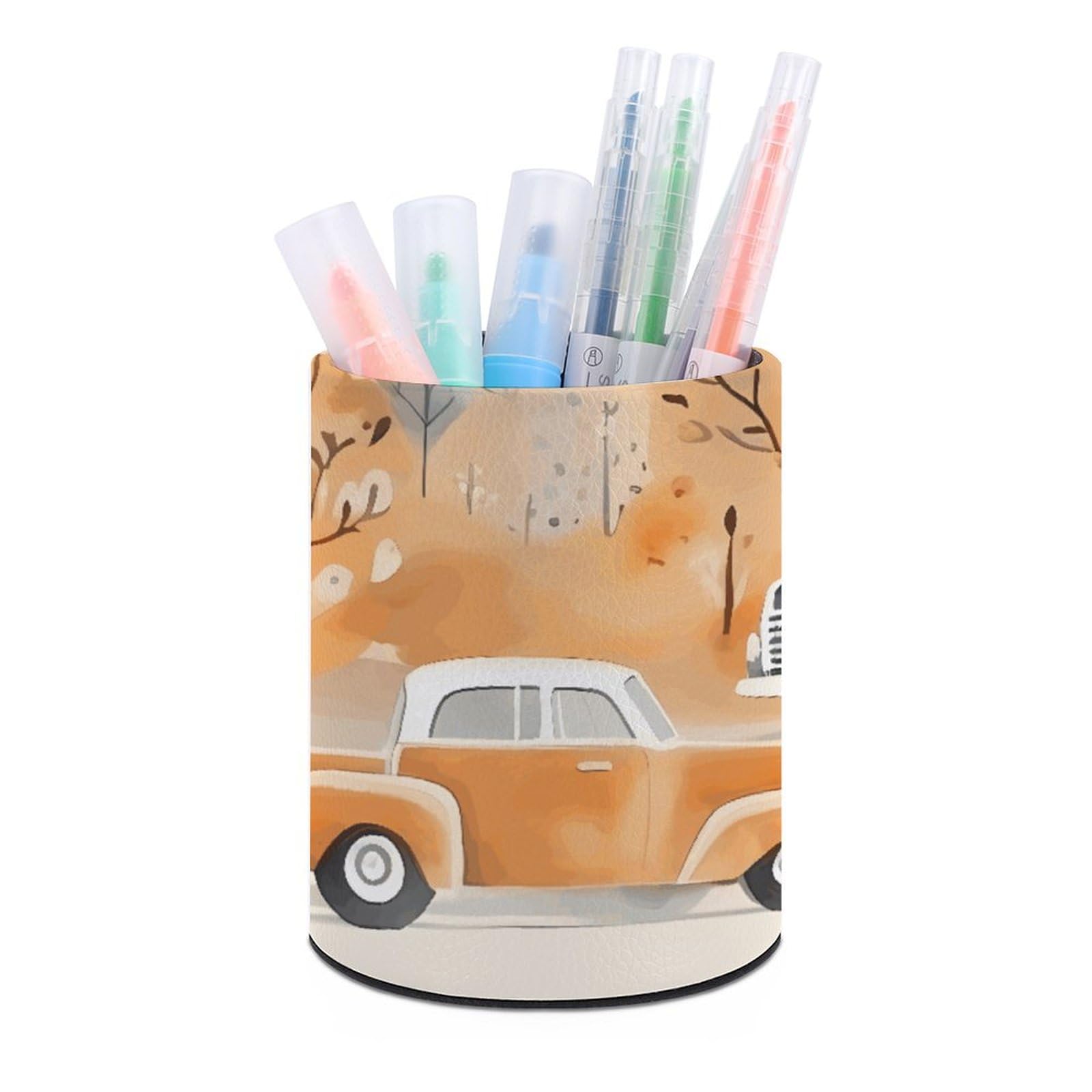 KLOPH PU Leather Pen Holder for Desk, Aesthetic Pencil Cup for Desktop, Makeup Brush Srotage for Pens Organizer Office Supplies, Car in The Jungle Pen Cup Pencil Caddy for Home Art Supply