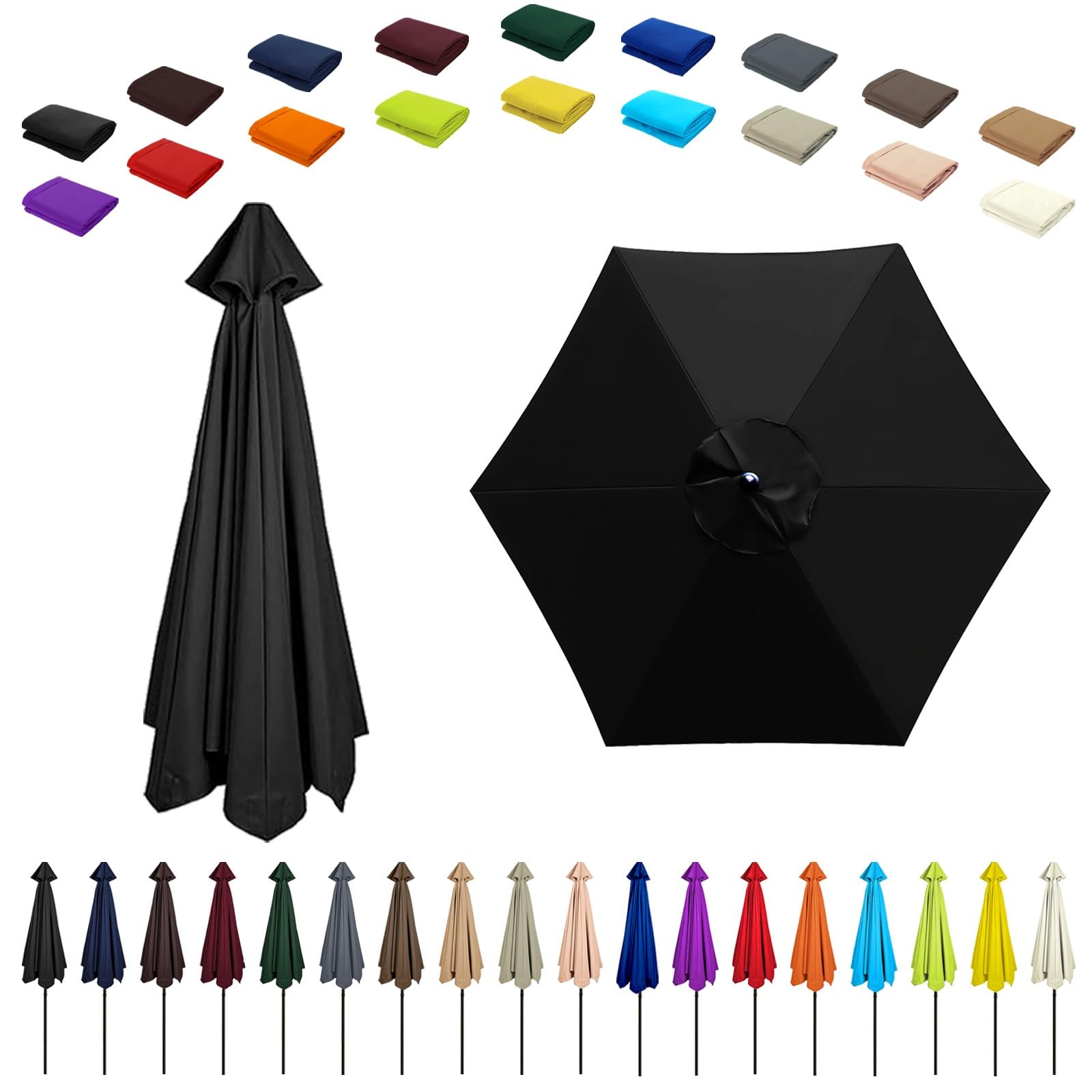 6/8 Ribs Umbrella Replacement Top, Parasol Replacement Canopy, Replacement Parasol Fabric Cover, Breathable/UV Protective, For Patio/Market/Yard/Backyard/Pool/Market(Black,8 ribs: 2m/6.6ft)